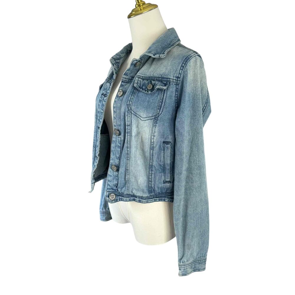Indigo Rein Womens Blue Denim Jacket Button Front Long Sleeves Cropped Medium - Picture 3 of 16